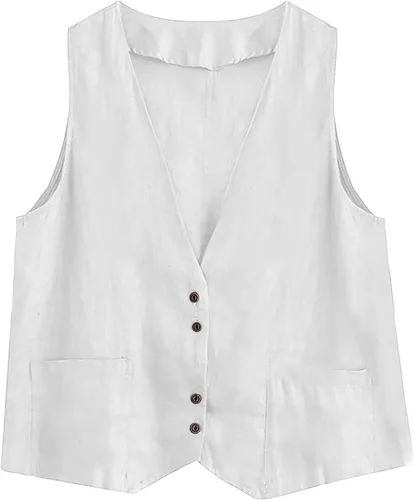 Vista 18 de COTECRAM Chaleco de lino de algodón para mujer, casual, sin mangas, con botones, ligero, para verano, holgado, ropa de abrigo
