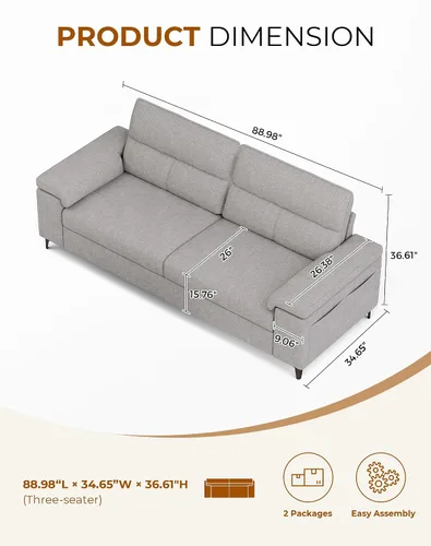 Vista 25 de Upvilla Sofás modernos de 88.97 pulgadas para sala de estar, sofá de asiento profundo con cojín de 8 pulgadas, cómodo sofá biplaza de felpilla de 2