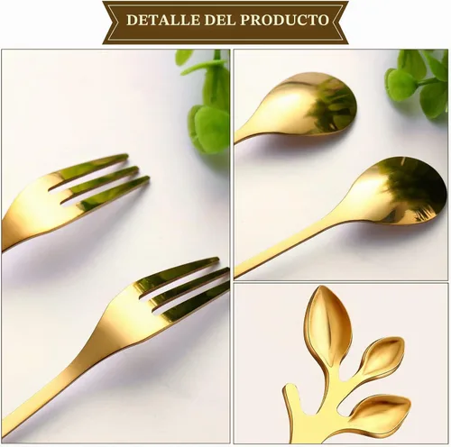 Vista 7 de Leaf - Cuchara de café, tenedores para aperitivos, acero inoxidable, dorado