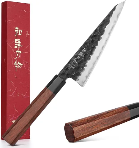 Vista 18 de Juego de cuchillos de cocina 4 piezas, cuchillo de chef de acero revestido Nakiri forjado Santoku, mango octogonal de madera