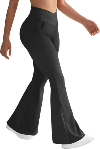 Vista 5 de MOOSLOVER Pantalones de yoga acanalados para mujer, con corte de bota, cintura alta, acampanados, leggings de entrenamiento