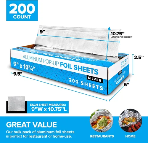 Vista 2 de 200 hojas de papel de aluminio precortadas para delicatessen - Hojas emergentes de 9 pulgadas para restaurante, cubiertas desechables para alimentos