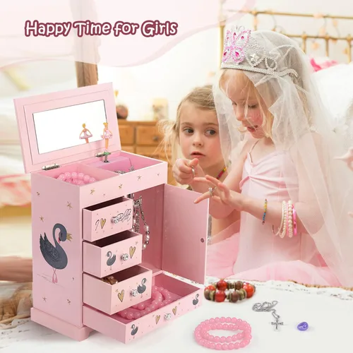 Vista 7 de efubaby Joyero grande para niñas caja musical de 5 capas con puerta oscilante bailarina giratoria juego de joyas de unicornio incluido organizador