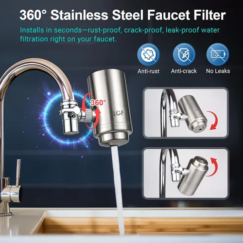 Vista 8 de LCF Filtro de agua giratorio de acero inoxidable de 360° – Alto flujo, filtro de agua del grifo mejorado con minerales, reduce el cloro, metales