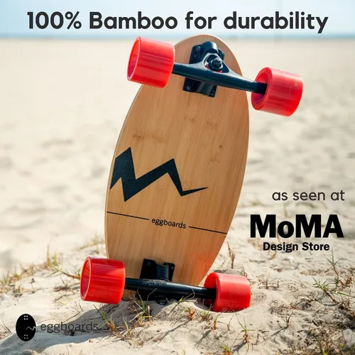 Vista 5 de Eggboards Mini Longboard The Original - Monopatín Cruiser de madera de bambú para adultos y niños. Fácil de transportar, suave para montar