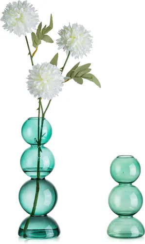 Vista 15 de Glasseam Juego de 2 jarrones de flores únicos, bonitos jarrones pequeños de vidrio para flores, jarrones transparentes modernos para decoración