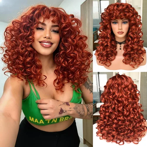 Vista 17 de Pelucas afro rizadas para mujeres negras, peluca larga y rizada con flequillo, fibra sintética esponjosa, sin pegamento, para cosplay y uso diario