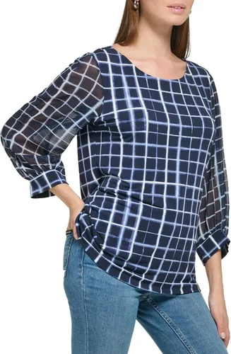 Vista 2 de Calvin Klein Blusa de gasa con cuello redondo y manga estampada para mujer