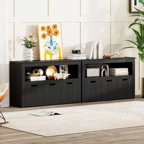 Vista 2 de HONEY JOY Organizador de almacenamiento de juguetes para niños, estante de guardería para niños, 3 cajas de juguetes de madera con ruedas, armario