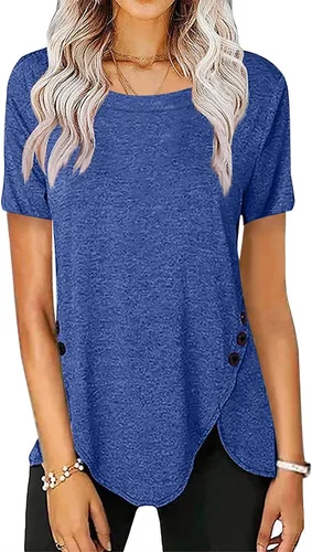 Vista 2 de Camisetas con estampado azteca occidental para mujer, dobladillo irregular, dobladillo irregular, blusas casuales de manga corta con cuello redondo