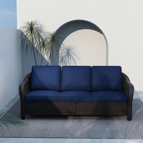 Vista 74 de Sofá de patio al aire libre de 2 plazas con mimbre de PE tejido a mano Beige