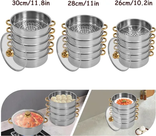 Vista 3 de Vaporizador de 5 niveles para cocinar, vaporizador de alimentos de acero inoxidable con asas doradas, ollas de vapor de gran capacidad de 11