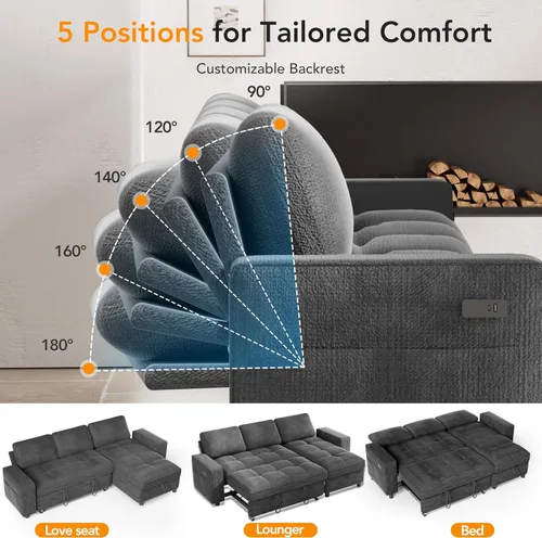 Vista 5 de Vipbear Sofá cama modular de 81 pulgadas con cama extraíble, sofá cama en forma de L, sofá extraíble con respaldo reclinable, diván de Gris oscuro