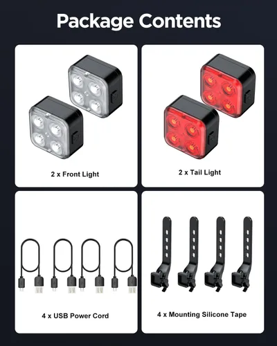 Vista 7 de Juego de luces de bicicleta Akale, luces recargables para bicicleta delanteras y traseras, 4 opciones de modo de luz, faro de bicicleta, resistencia