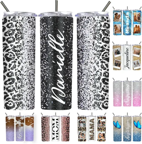 Vista 9 de Vaso delgado personalizado con purpurina con tapas y popotes, nombres, vasos de acero inoxidable personalizados con imagen para mujeres, hombres