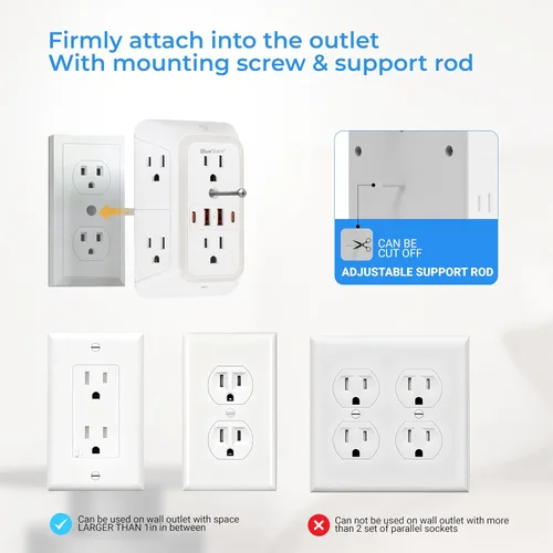 Vista 6 de Regletas de corriente para montaje en pared, cargador de pared, extensor de 6 enchufes, 4 puertos USB (5V, 2.4A, 12W) y luz nocturna, regleta