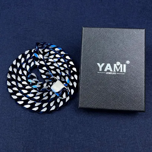 Vista 47 de YAMI Cadena de eslabones cubanos para hombre, azul/negro/oro de 14 quilates, acero inoxidable de 0.394-0.472 in de grosor, collar de cadena
