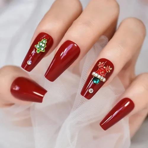 Vista 4 de ELEVENAIL Uñas de Navidad con caja de regalo de dibujos animados de diamantes de imitación 3D, ciervo, árbol rojo, uñas postizas medianas largas