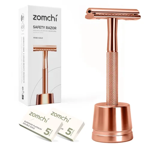 Vista 10 de ZOMCHI Maquinilla de afeitar de seguridad de doble filo para hombres y mujeres, maquinilla de afeitar de metal con 5 cuchillas de afeitar de Navaja