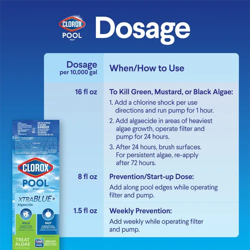 Vista 5 de Clorox® Pool&Spa™ XTRABLUE® Plus Alguicida para Piscina, Eliminador de Algas Todo en Uno, Sin Espuma, 40 Onzas (Paquete de 1)