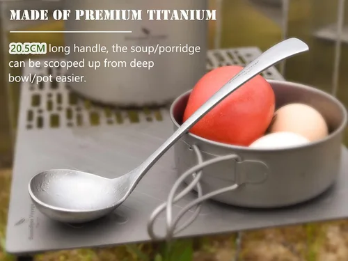 Vista 4 de Boundless Voyage Cucharón de titanio con mango largo, cuchara de sopa ultraligera y duradera, utensilios para acampar al aire libre, picnic, cocina