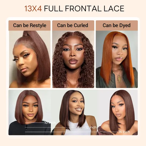 Vista 5 de Peluca de cabello humano lacio marrón con reflejos de 13 x 4, peluca frontal de encaje transparente #4, peluca corta Bob para mujeres negras