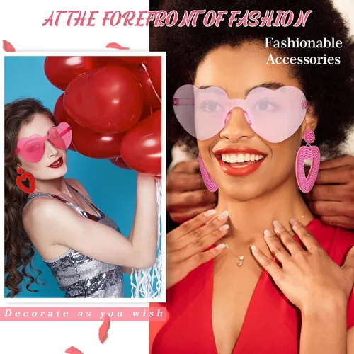 Vista 5 de Flutesan Aretes de corazón con cuentas para el día de San Valentín, lentes de sol con forma de corazón, sin montura y corazón de caramelo