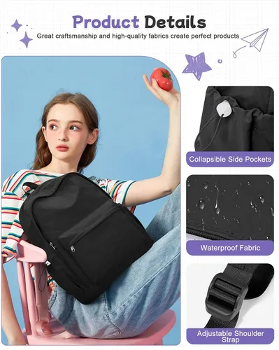 Vista 5 de Mochila negra para la escuela, mochila de escuela secundaria para adolescentes, niñas y niños, mochila universitaria ligera para mujeres y hombres