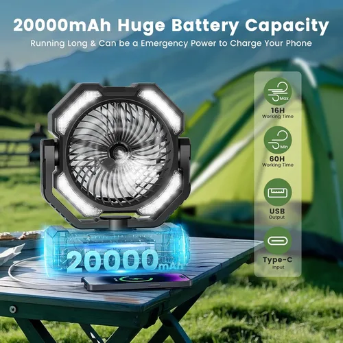 Vista 3 de Ventilador de Neblina Portátil de 20000mAh, Ventilador de Camping Recargable por USB con Luz LED, Operado por Batería para Exteriores, Tiendas