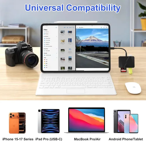 Vista 6 de Lector de tarjetas SD, adaptador de tarjeta USB-C y USB 5 en 1 con SD/MicroSD/MS y puertos USB-A duales lector de tarjetas de memoria para iPhone