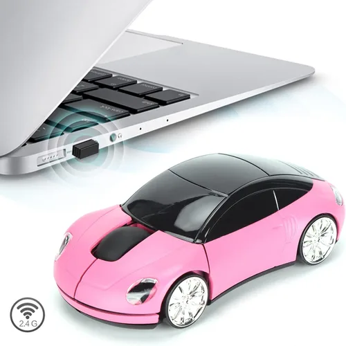 Vista 3 de Tbest Ratón inalámbrico con forma de automóvil, accesorios de computadora rosa en forma de automóvil, mouse inteligente con forma de carshaped