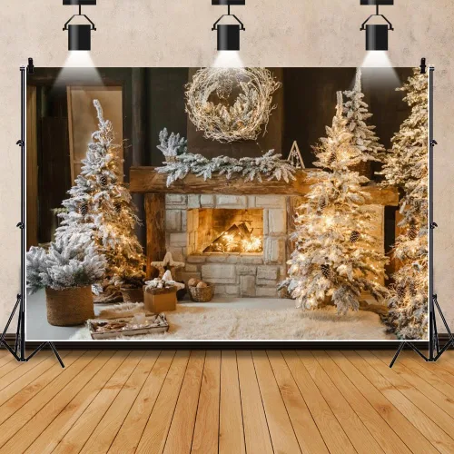 Vista 2 de Leowefowa Telón de fondo de fotos de Navidad de 5x3 pies Fondo de guirnalda de chimenea de invierno Chimenea vintage de Navidad Árbol de Navidad