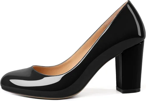Vista 2 de AUMOTED Zapatos de tacón alto de bloque grueso para mujer, zapatos de tacón alto con punta redonda sólida, zapatos de vestir sin cordones