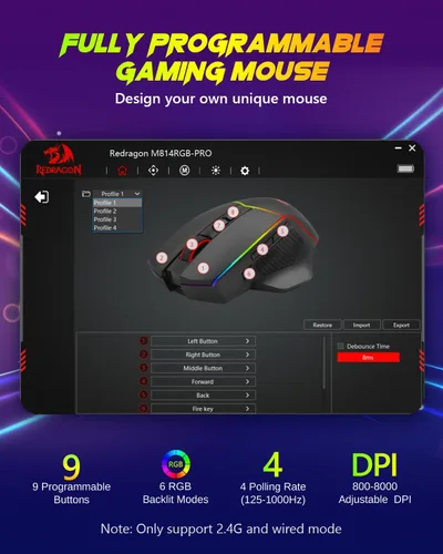 Vista 5 de Redragon Ratón inalámbrico para juegos, Tri-Mode 2.4GUSB-CBluetooth ergonómico, 8000 DPI, mouse inalámbrico programable con retroiluminación RGB