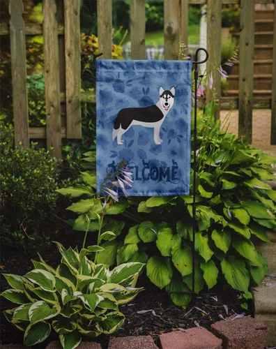 Vista 2 de Caroline's Treasures CK6084GF Bandera de bienvenida de Husky siberiano para jardín, bandera decorativa para patio exterior, obras de arte