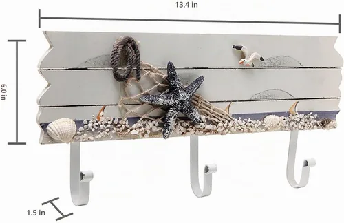 Vista 5 de Perchero de madera con 3 ganchos de metal con diseño de mar y playa, con estrellas de mar, gaviotas y conchas de mar