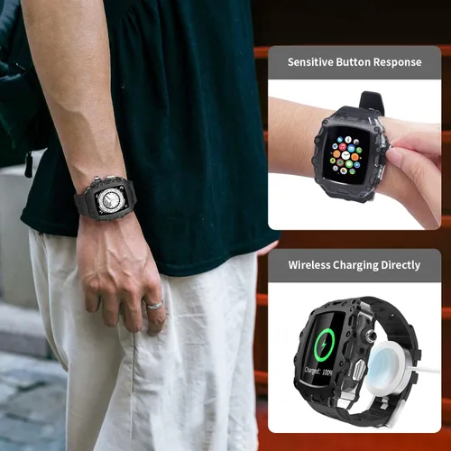 Vista 5 de Funda de metal de lujo con correa para Apple Watch Series 9, 8, 7, 1.772 pulgadas, SE 6, 5, 4, 1.732 pulgadas, protector de pantalla resistente