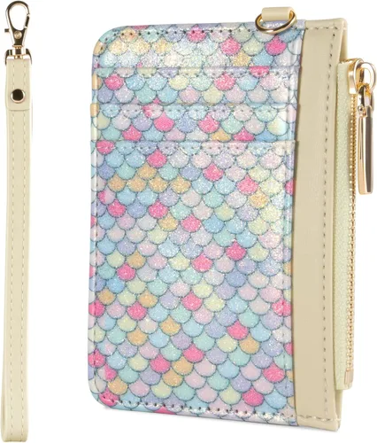 Vista 9 de Cartera pequeña de cuero con protección RFID de sirena para tarjetas de crédito, cartera delgada con correa para la muñeca con bolsillo