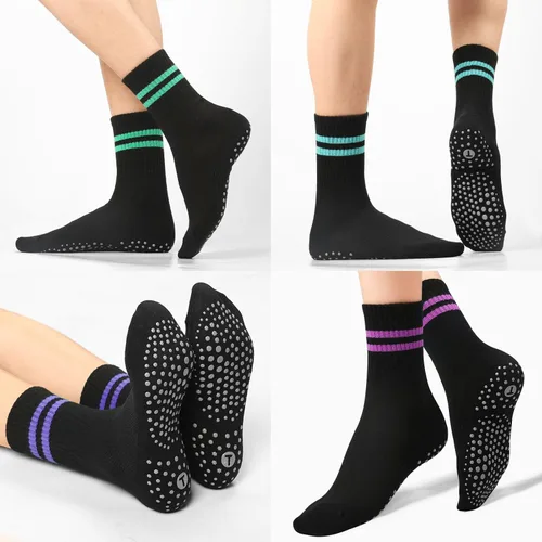 Vista 4 de Toes Home Calcetines de pilates para mujer con agarres antideslizantes, calcetines de yoga para barre hospital, calcetines pegajosos, 4 pares