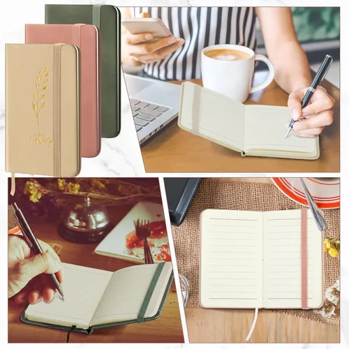 Vista 5 de Qeeenar Paquete de 10 cuadernos de bolsillo de cuero de tapa dura, mini diarios rayados de 4 x 2.5 pulgadas, diseño de hojas doradas, 50 hojas