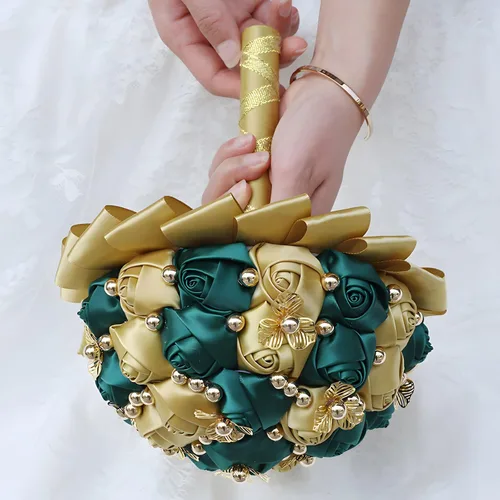 Vista 15 de Ramo de boda de 7 pulgadas, ramo de flores de satén para dama de honor, botón dorado, ramo de flores artificiales para bodas en interiores Negro