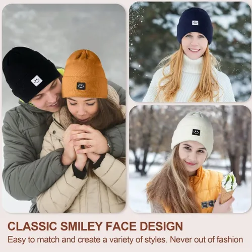 Vista 4 de Hispeka Gorro de punto con cara sonriente para mujeres y hombres, paquete de 3 gorros con puños para invierno, hombres, mujeres, adultos