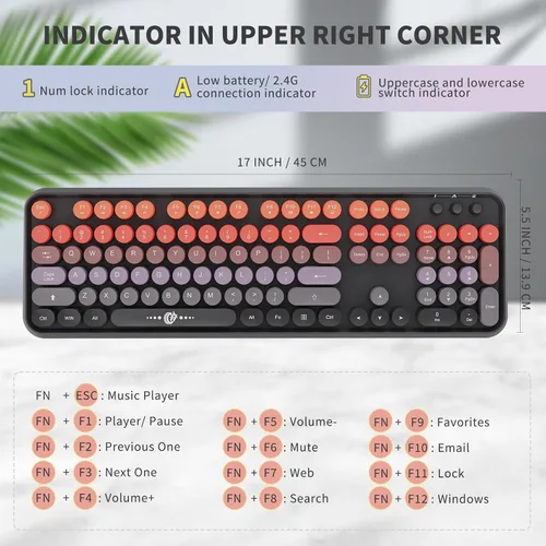Vista 3 de FOPETT Combo de teclado y mouse inalámbricos, 2.4G de tamaño completo, lindo mouse y teclado coloridos con 104 teclas redondas, teclado retro