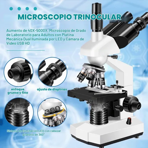 Vista 6 de Microscopio trinocular 40X-5000X de aumento de grado de laboratorio con etapa mecánica dual y microscopio de cámara USB HD para adultos