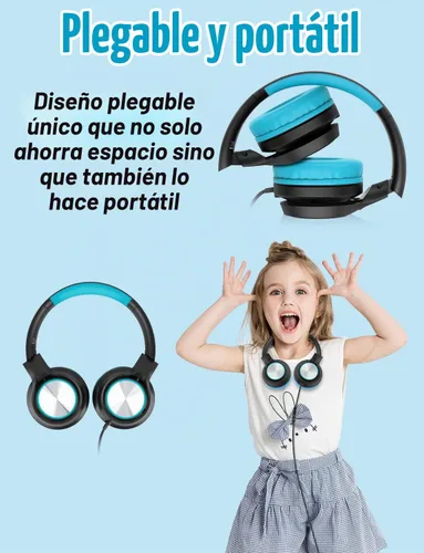Vista 6 de Voopwink Auriculares para niños con micrófono, auriculares con cable sobre la oreja con volumen limitado de 85 dB/ 94 dB para niños, niñas Negro-Azul