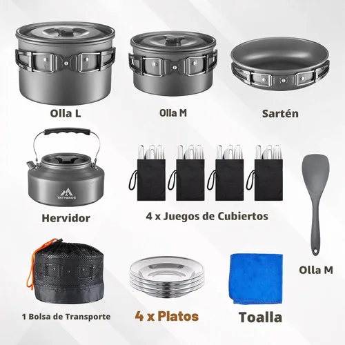 Vista 2 de THTYBROS 27pcs Camping Cooking Set for 2-4 People, Portable Cookware Set with Kettle, Pots & Pans, Stainless Steel Utensils, Plates, Dishware for