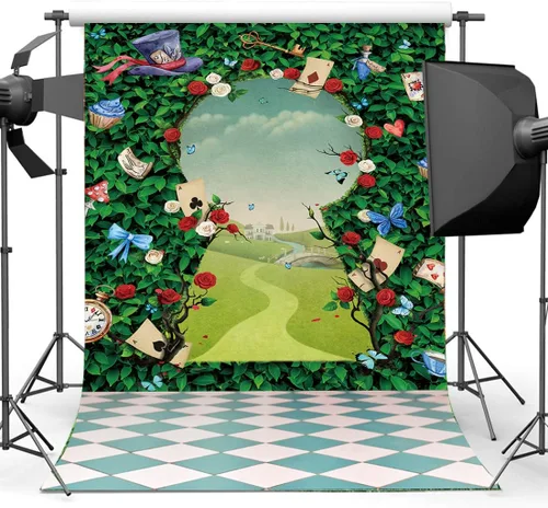 Vista 3 de Fondo para fotografía de fiesta de té de rosas, hojas verdes, sombrero mágico, decoración de tablero de ajedrez, princesa, niñas, cumpleaños