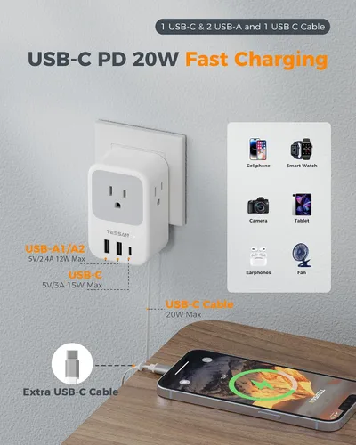 Vista 5 de TESSAN Adaptador de enchufe de viaje europeo 2 unidades, adaptador