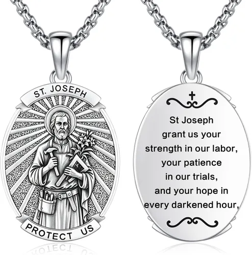 Vista 41 de Collar con colgante de amuleto de medalla de San de plata 10A-St Michael Oval