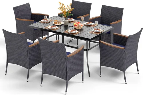 Vista 17 de PHI VILLA Juego de comedor al aire libre de 7 piezas para 6, mesa rectangular de hierro forjado de 152 cm con orificio para sombrilla y sillas